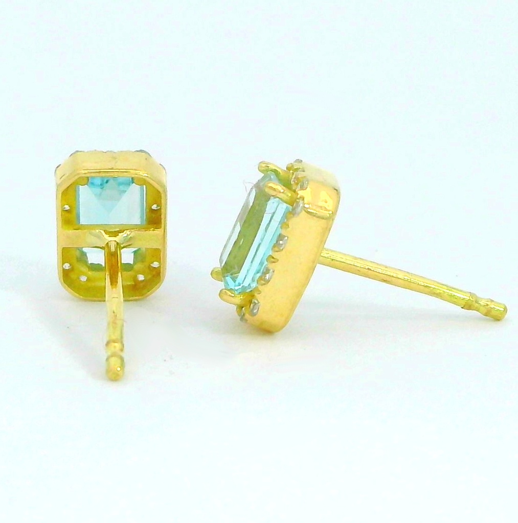 PENDIENTES OCTOGONO 5x3 AGUA MARINA SEMIPRECIOSA 7MM.PRESION