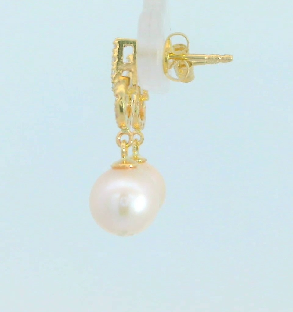 PENDIENTES CIRCONITAS Y PERLA CULTIVADA 7MM.9 KILATES
