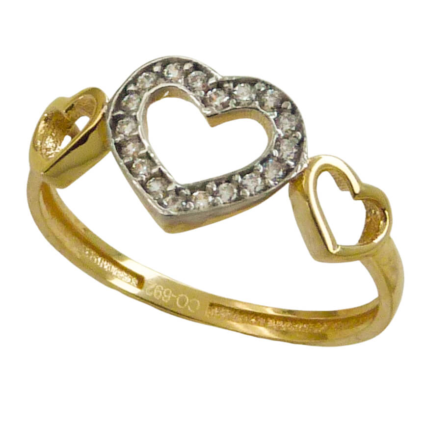 TWO TONE GOLD HEARTS RING WITH CZ.