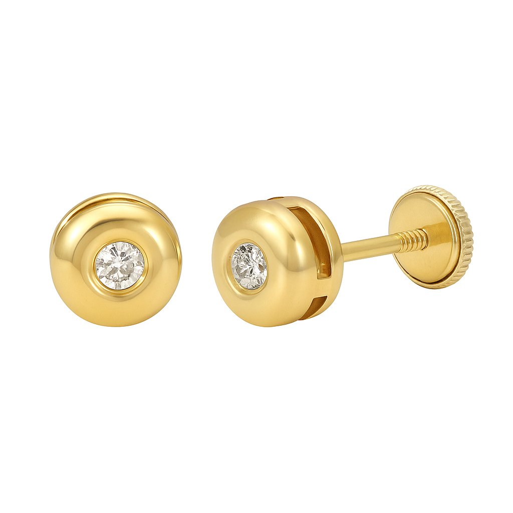 6MM BEZEL SET STUD EARRINGS.2MM DIAMONDS H-SI 0.06 CT TW.