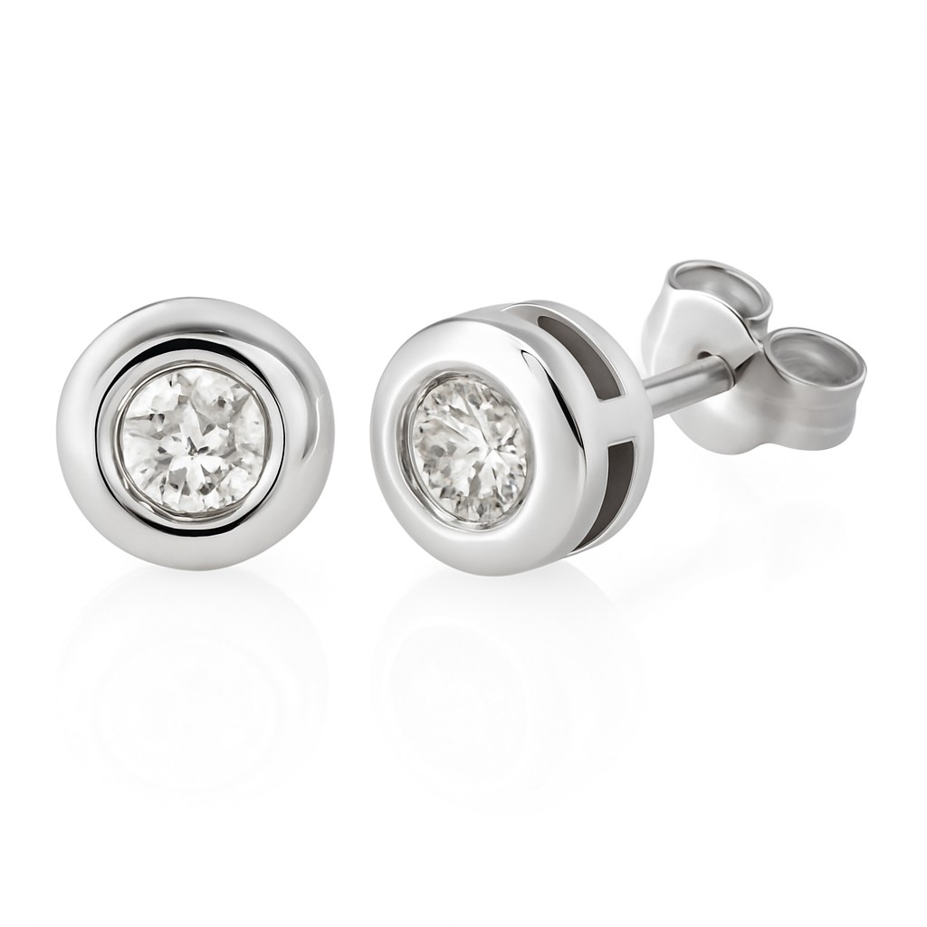 6'5MM BEZEL SET STUD EARRINGS.3MM DIAMONDS H-SI.0.22 CT TW