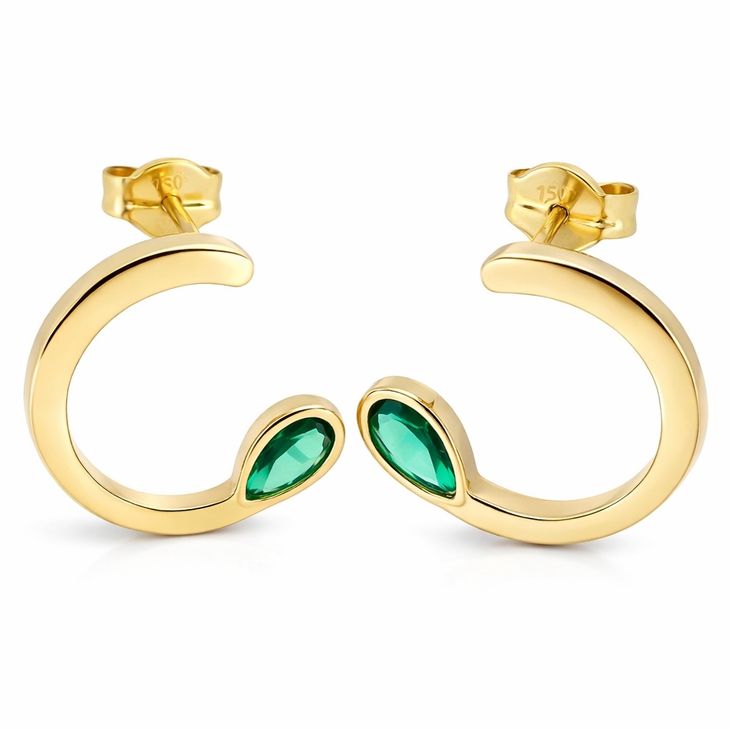 12MM HALF CIRCLE EARRINGS WITH EMERALD COLOR STONE.