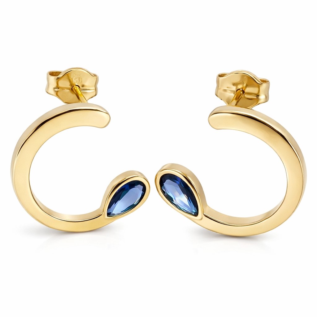 12MM HALF CIRCLE EARRINGS WITH SAPPHIRE COLOR STONE.
