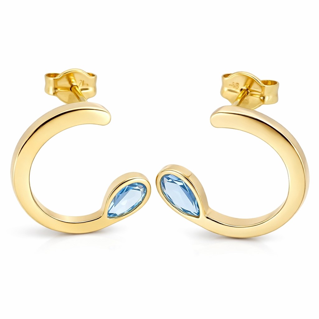 12MM HALF CIRCLE EARRINGS WITH AQUAMARINE COLOR STONE.