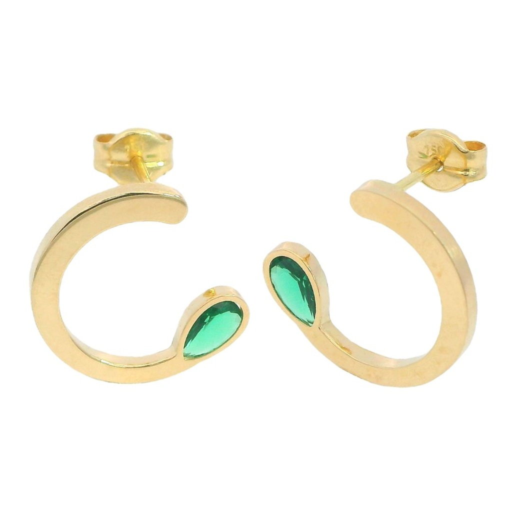12MM HALF CIRCLE EARRINGS WITH EMERALD COLOR STONE.