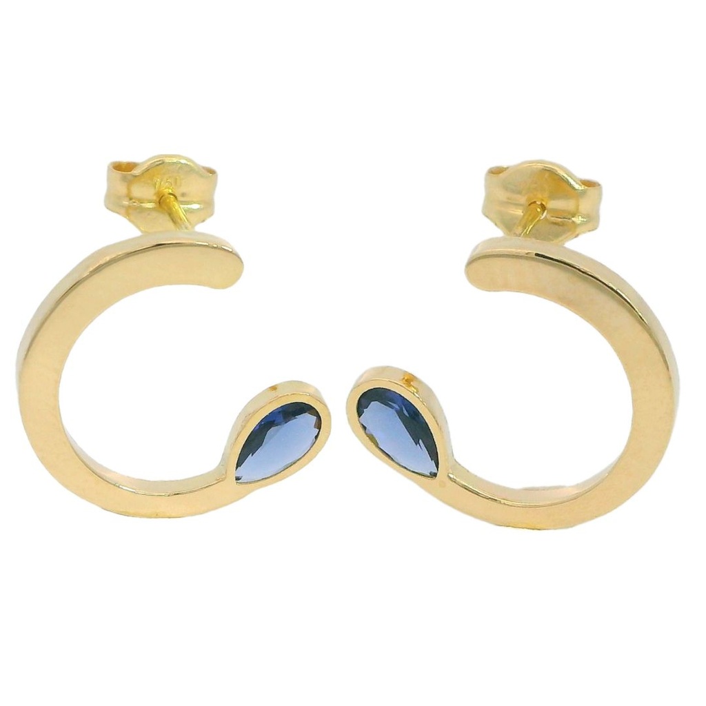12MM HALF CIRCLE EARRINGS WITH SAPPHIRE COLOR STONE.