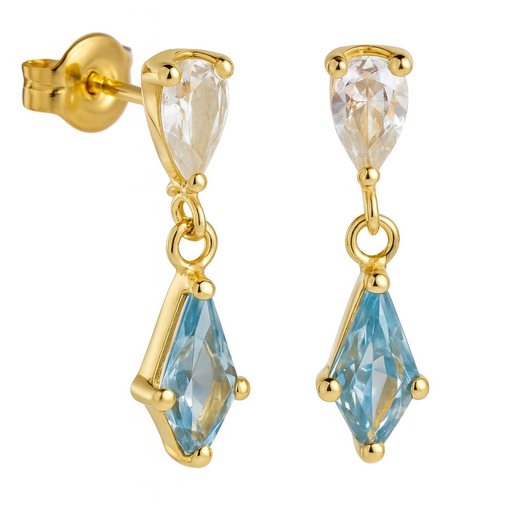 7x4 MM AQUAMARINE COLOR KITE CZ EARRINGS.PUSHBACK.
