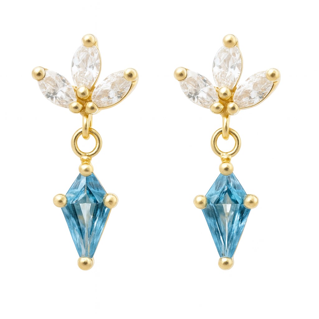 PENDIENTES FLOR COMETA PIEDRA COLOR AGUAMARINA DE 7x4MM.11MM.