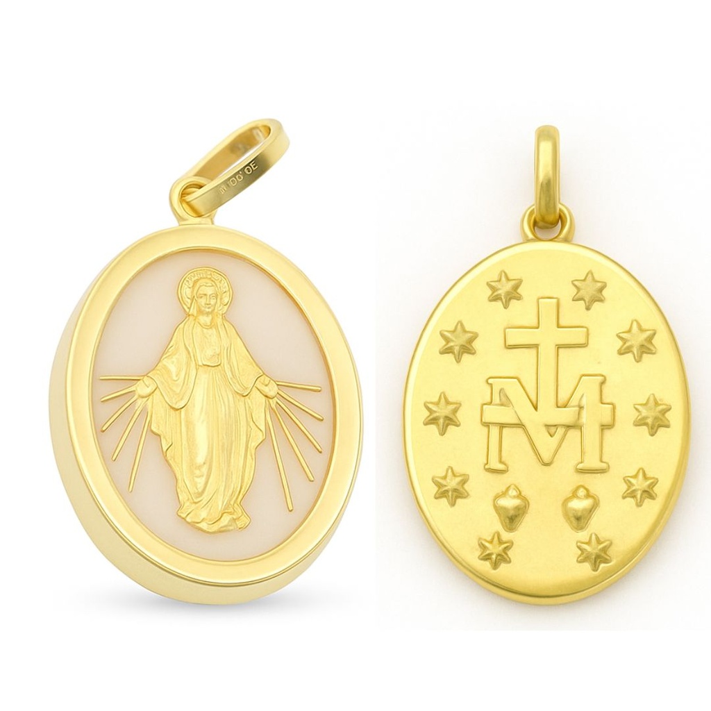 15 MM MOTHER OF PEARL MIRACULOUS VIRGIN MARY MEDAL.