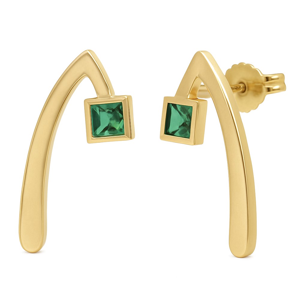 INVERTED "V"EARRINGS WITH EMERALD COLOR STONE.21MM.