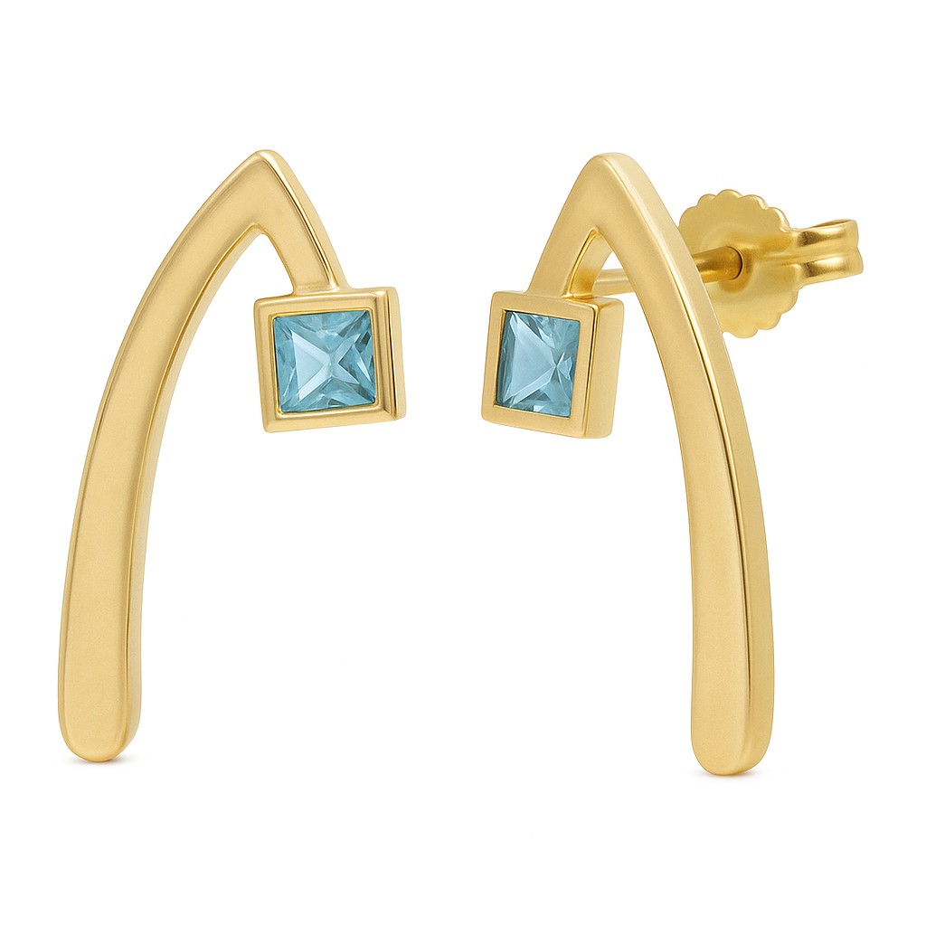 INVERTED "V"EARRINGS WITH AQUAMARINE COLOR STONE.21MM.