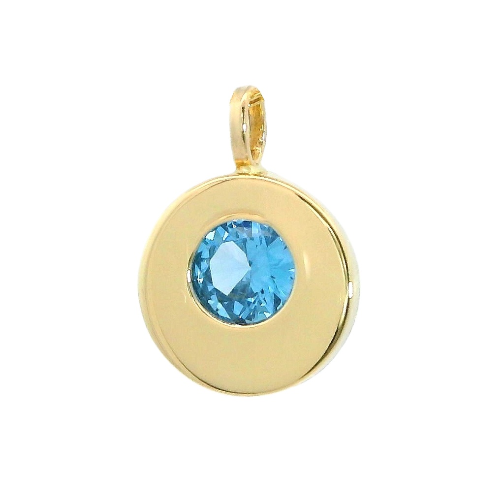 9MM ROUND PENDANT WITH AQUAMARINE COLOR STONE.