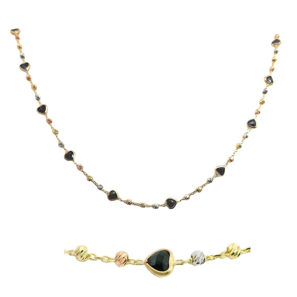 BLACK CZ HEART BEZELS AND TRI COLOR CARVED BALLS NECKLACE.
