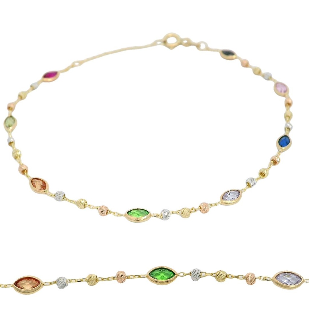 PULSERA CIRCONITAS COLOR BOCEL OVAL Y BOLAS TRICOLOR.