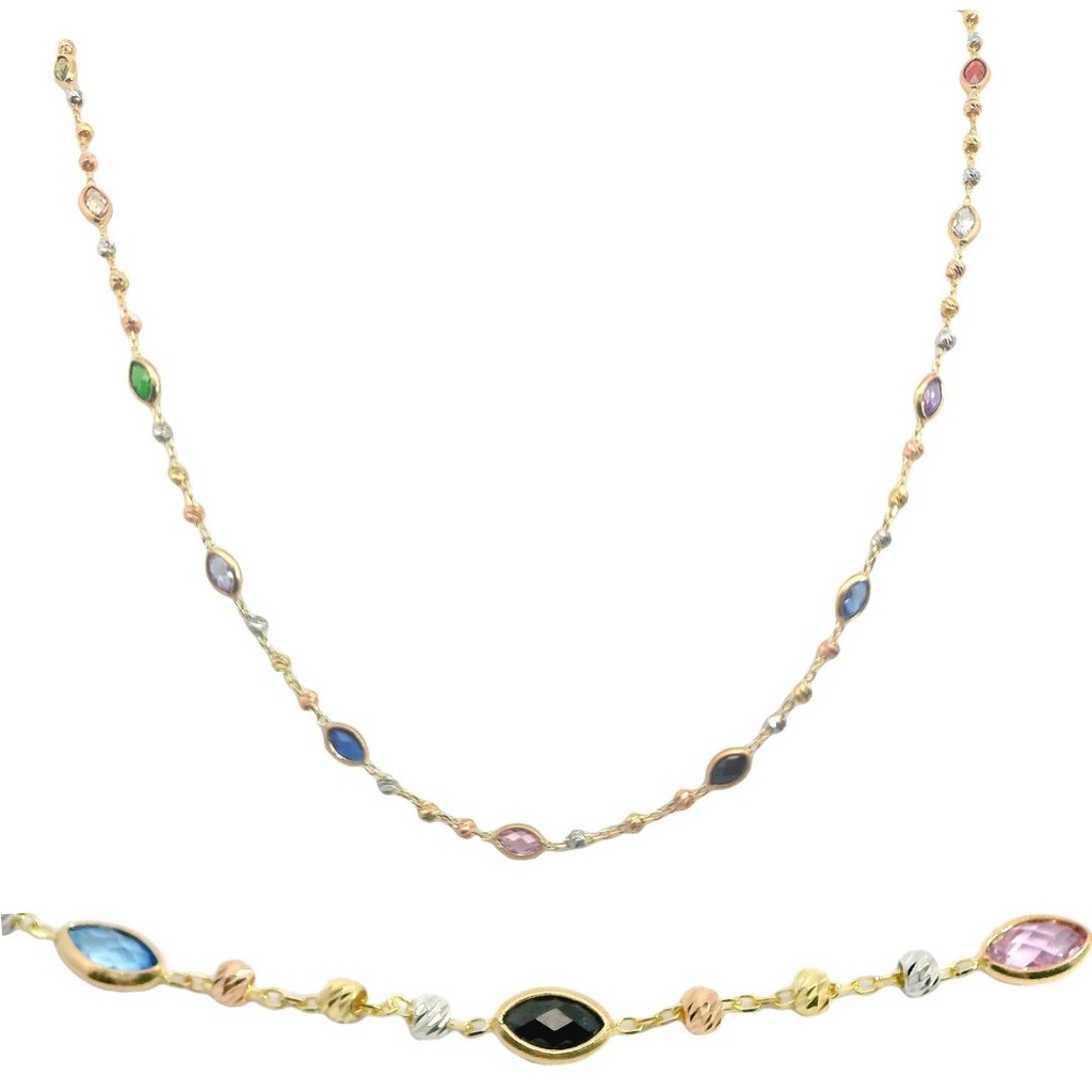 GARGANTILLA PIEDRAS COLOR BOCEL OVAL Y BOLAS TRICOLOR.CADENA 45CM