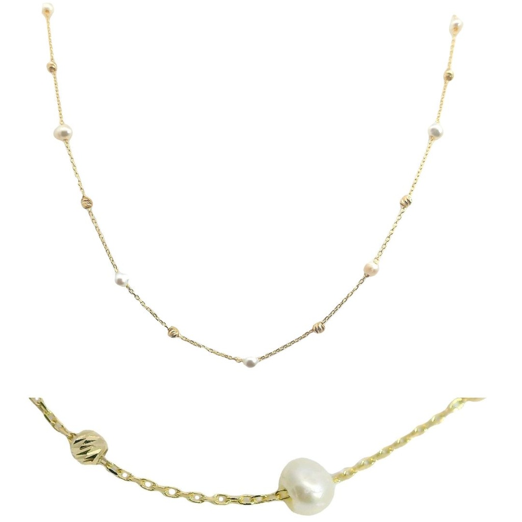 FRESHWATER PEARLS AND CARVED BALLS NECKLACE.