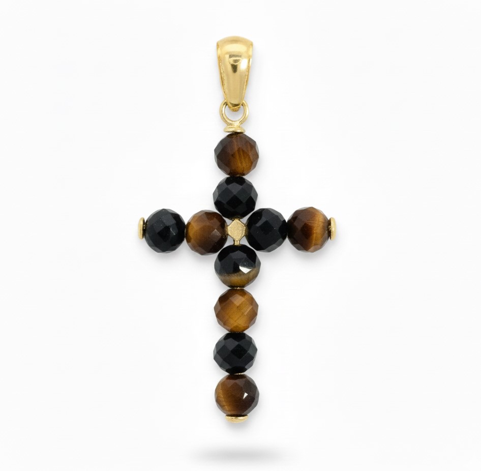 3MM EYE OF TIGER COLOR BALLS CROSS PENDANT.20x14MM