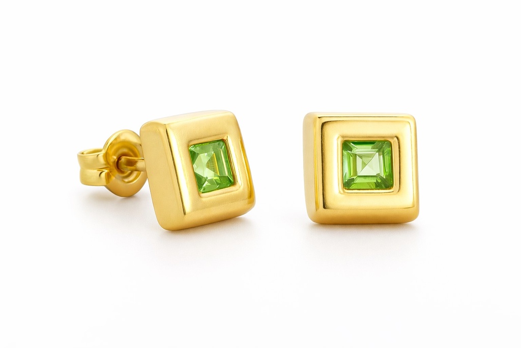 6x6 STUD EARRINGS WITH SEMI-PRECIOUS GREEN STONE.