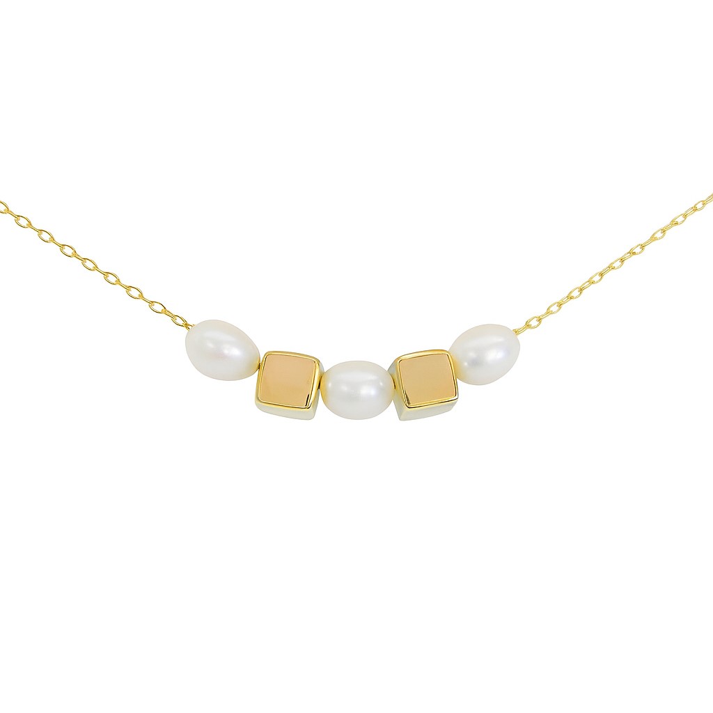 GOLD CUBES AND FRESHWATER PEARLS NECKLACE.45 CM.