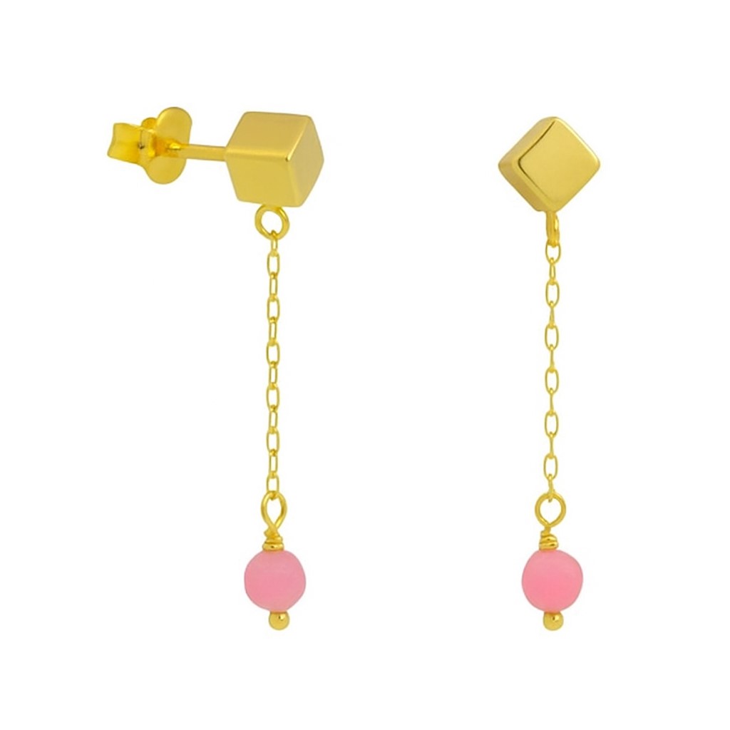 GOLD CUBE,CHAIN AND TOURMALINE DANGLING EARRINGS