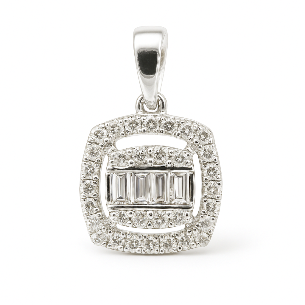 WHITE GOLD SQUARE DIAMOND PENDANT.QUALITY SI.COLOR H.0.16 CT TW