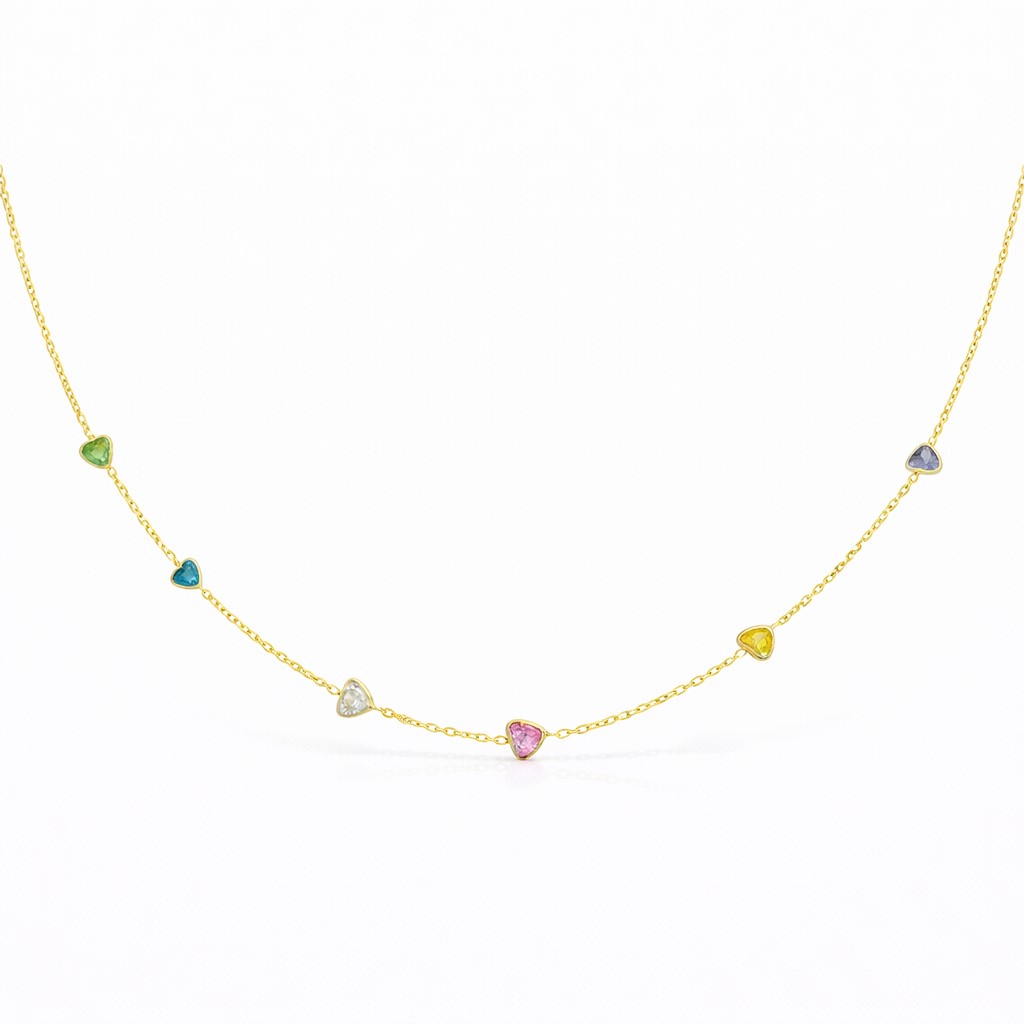 COLORED HEARTS CZ NECKLACE.9 KARAT GOLD