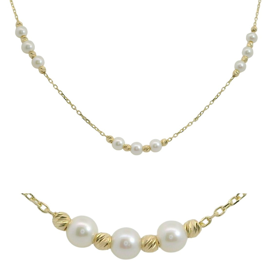 FRESHWATER PEARLS AND CARVED GOLD BALLS NECKLACE.45CM.