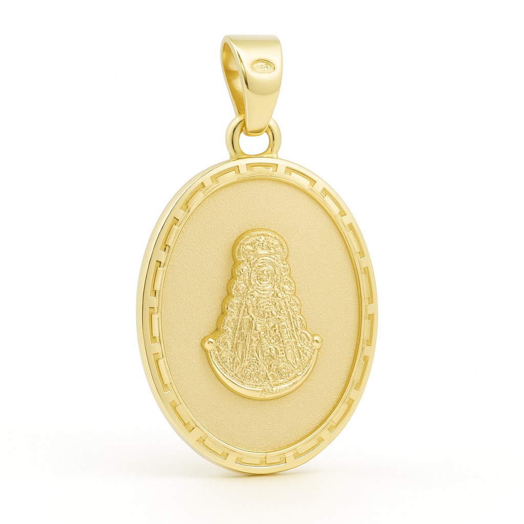 16x13MM OVAL VIRGIN OF ROCIO MEDAL.GREEK KEY PATTERN.
