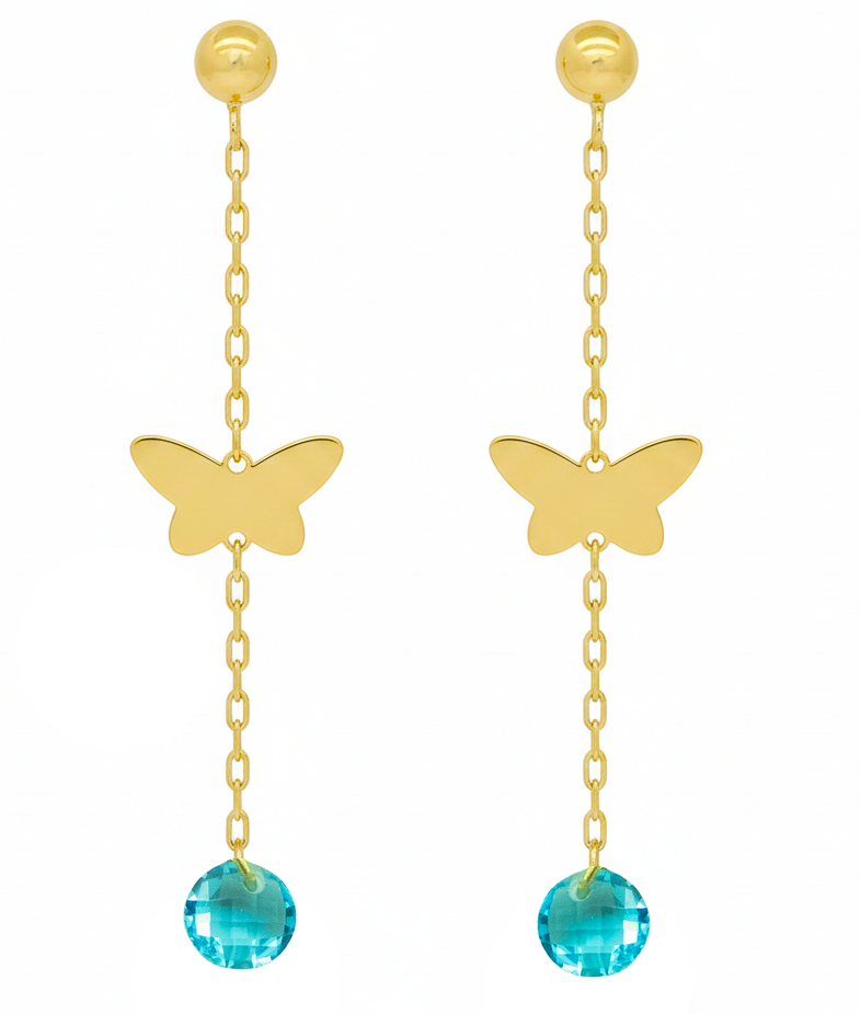 35MM DANGLING EARRINGS WITH BUTTERFLY AND BRIOLETTE CZ.