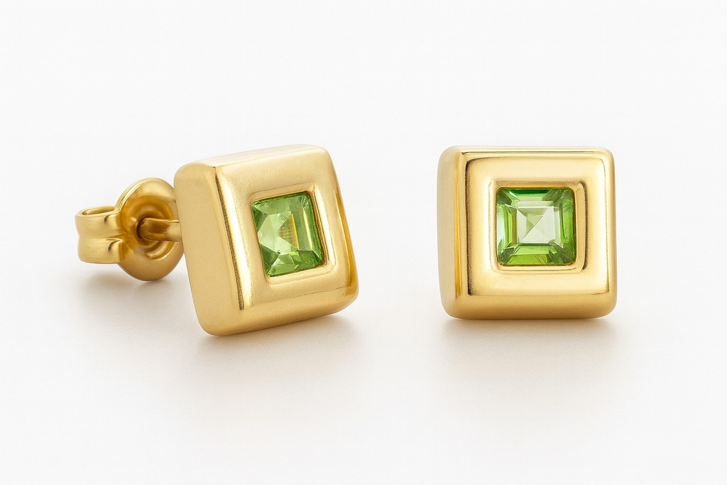 6x6 STUD EARRINGS WITH SEMI-PRECIOUS GREEN STONE.