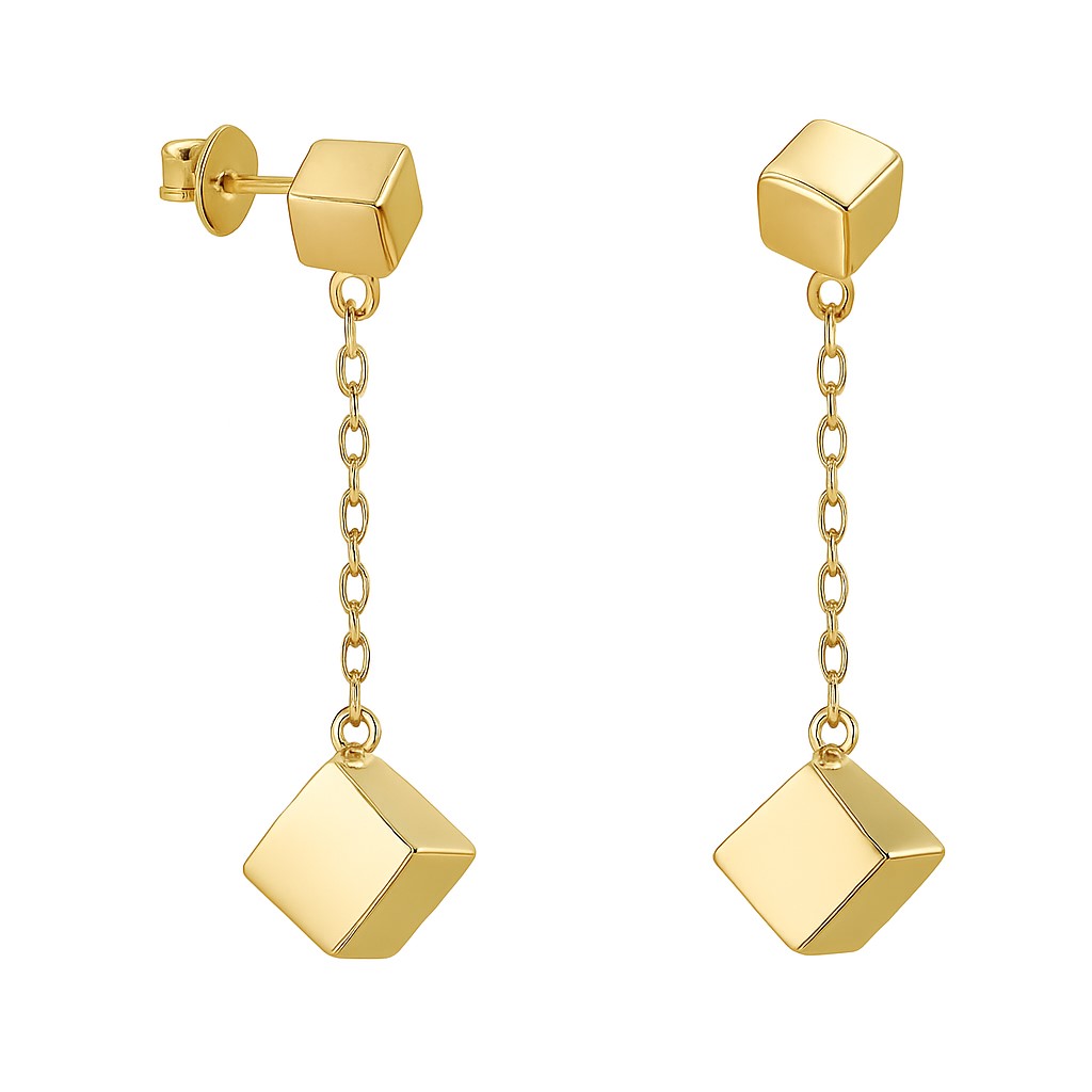 GOLD CUBES AND CHAIN DANGLING EARRINGS