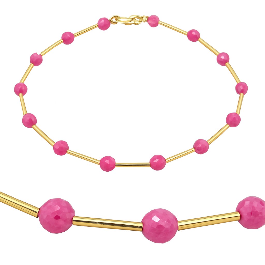 PULSERA TUBOS CON PIEDRA TURMALINA ROSA SEMIPRECIOSA.17CM