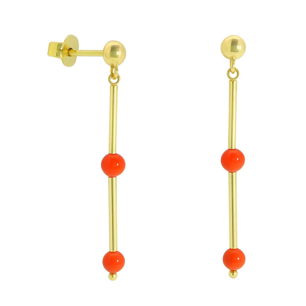 GOLD TUBES AND CORAL REEF BALLS  EARRINGS.