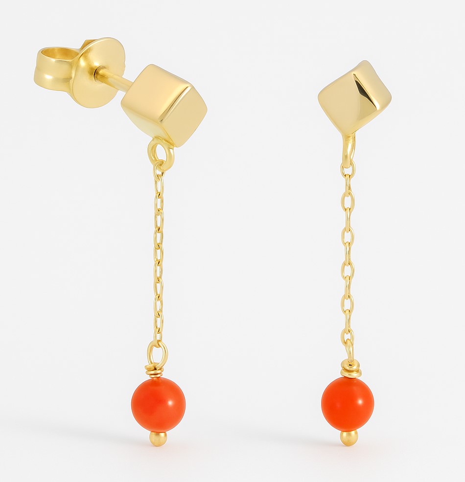 PENDIENTES  CUBO Y BOLAS DE  CORAL NATURAL