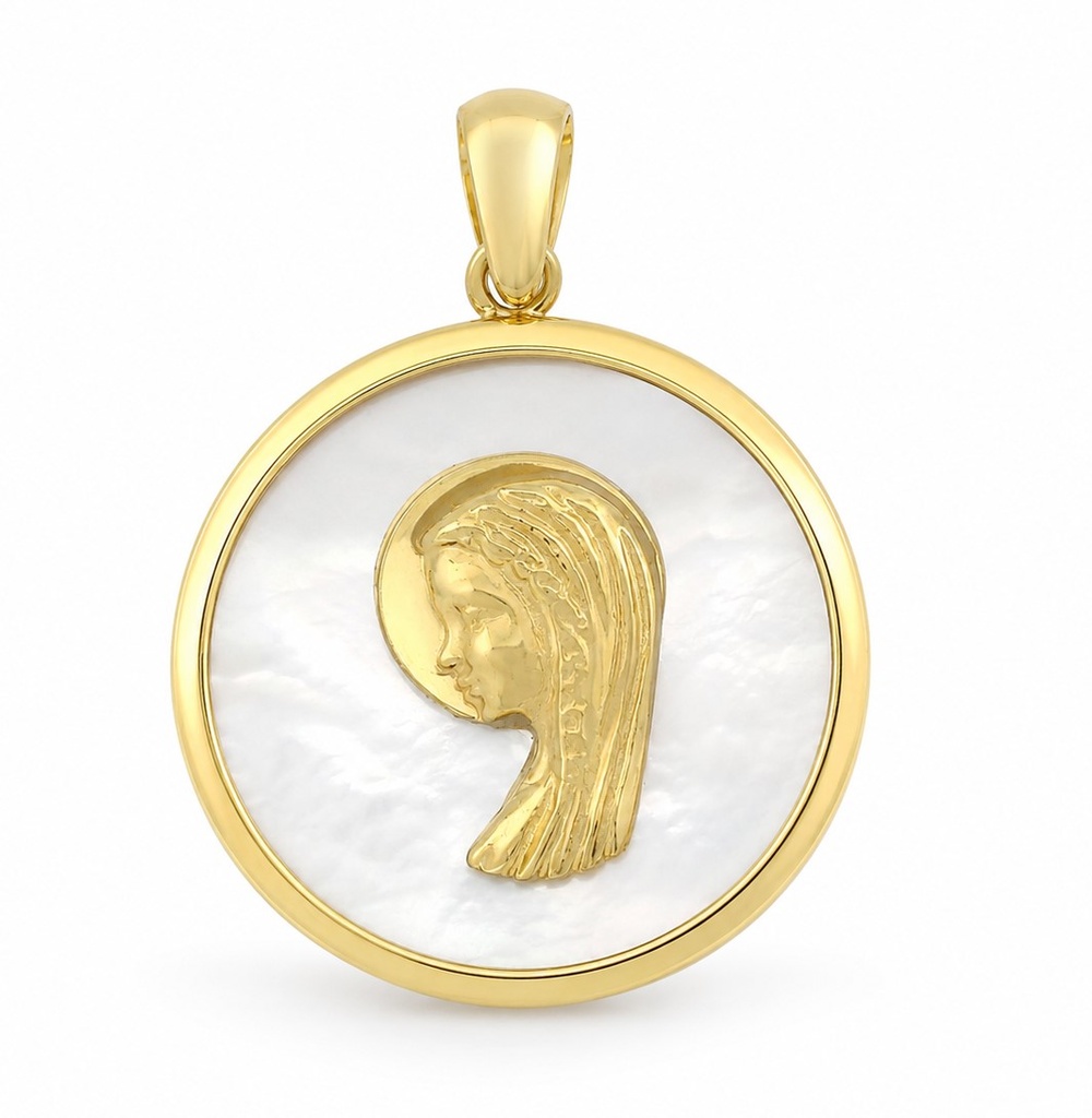 16MM ROUND MOTHER OF PEARL VIRGIN MEDAL.9 KARAT