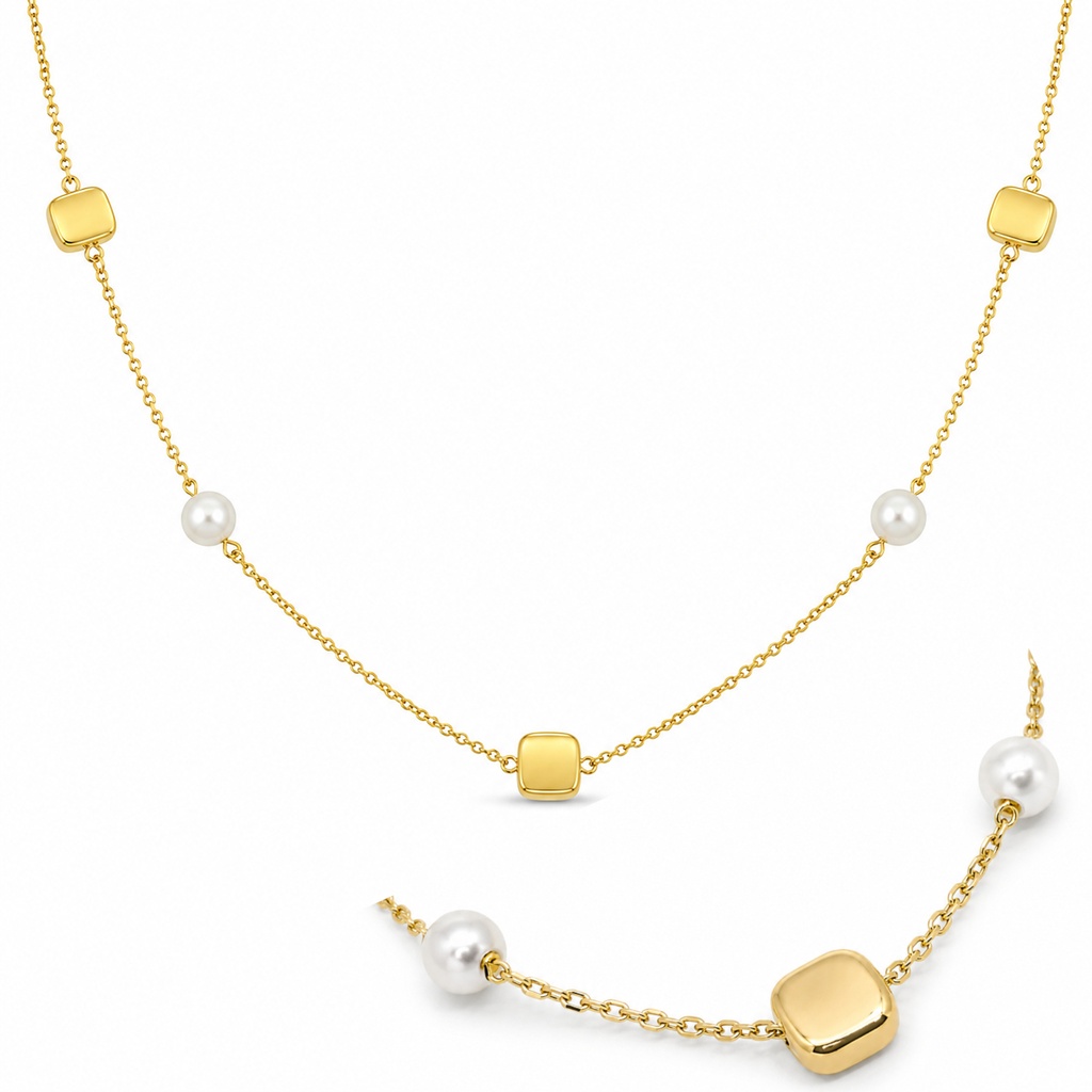9 KARAT GOLD SQUARES AND FRESHWATER PEARLS NECKLACE