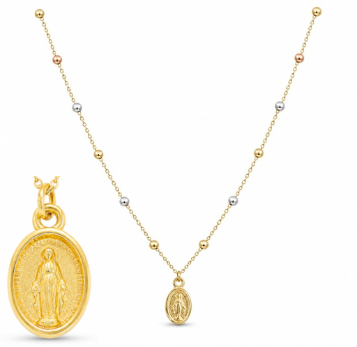 TRICOLOR BALLS AND MIRACULOUS VIRGIN MARY NECKLACE.9 KARAT
