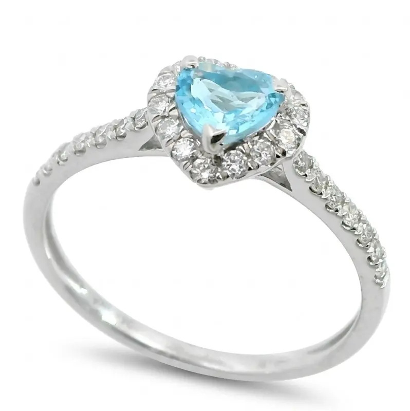 5MM(0.37 CT) BLUE TOPAZ HEART RING WITH DIAMONDS VSI-H 0.25 CT TW