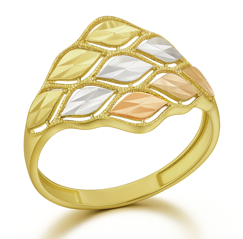 TRI-COLOR TONE GOLD LEAVES RING