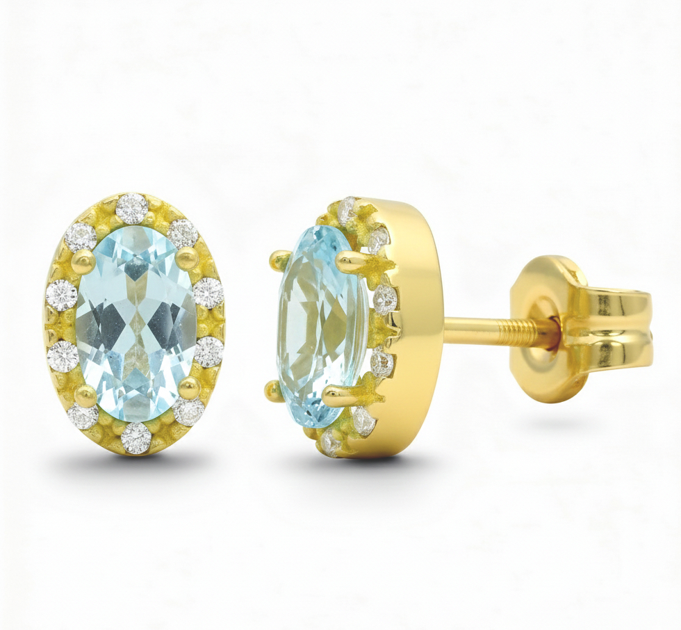 PENDIENTES OVAL 5x3 AGUA MARINA SEMIPRECIOSA 7MM.PRESION