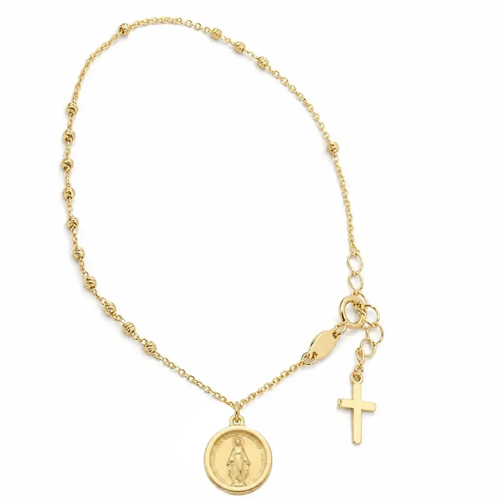 PULSERA BOLAS,CRUZ Y MEDALLA VIRGEN .17CM+19CM.9 KILATES 
