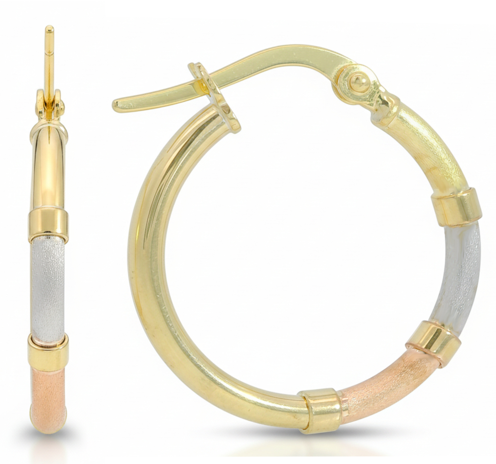 20x2MM TRI-COLOR GOLD HOOP EARRINGS. 9 KARAT