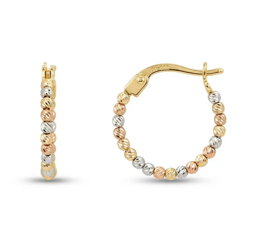 9 KARAT TRICOLOR GOLD CARVED BALLS HOOP EARRINGS