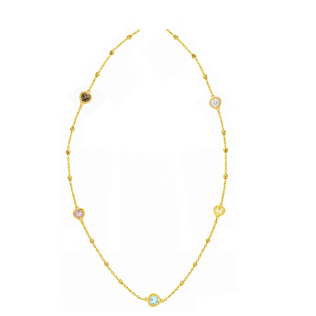 5 COLORED HEART CZ AND GOLD BALLS NECKLACE.9 KARAT
