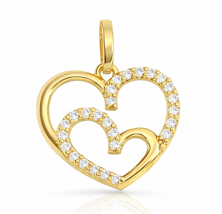 COLGANTE DOS CORAZONES CON CIRCONITAS 12x14MM. 9KILATES.