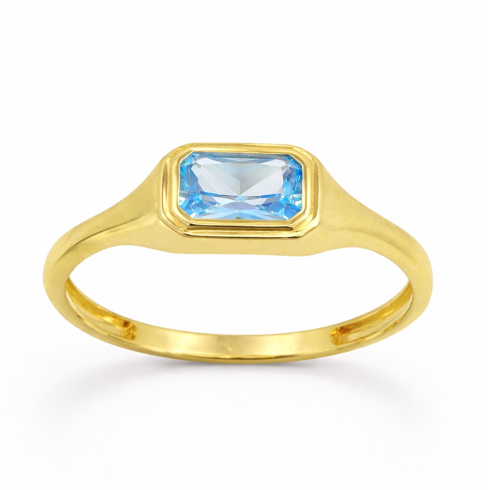 SORTIJA  SELLO CIRCONITA COLOR  AGUA MARINA 6x4MM.9KILATES