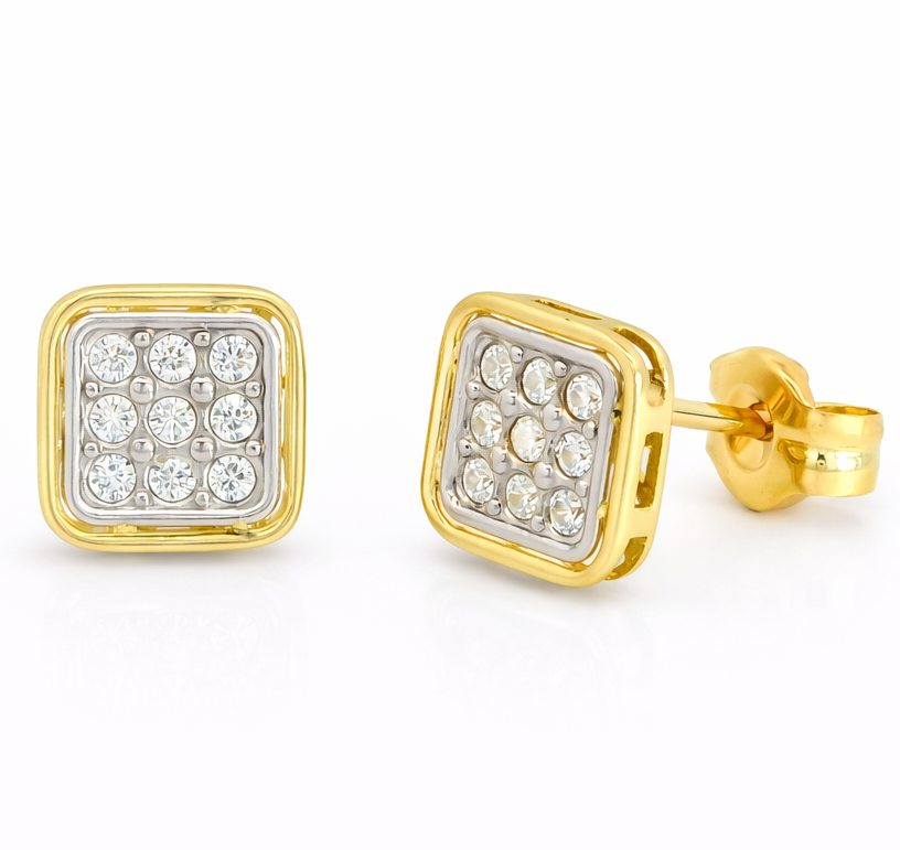 PENDIENTES CUADRADOS BICOLOR.6MM. PRESION. 9 KILATES
