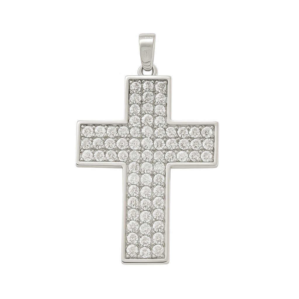 25x15MM WHITE GOLD CROSS PENDANT WITH CZ.