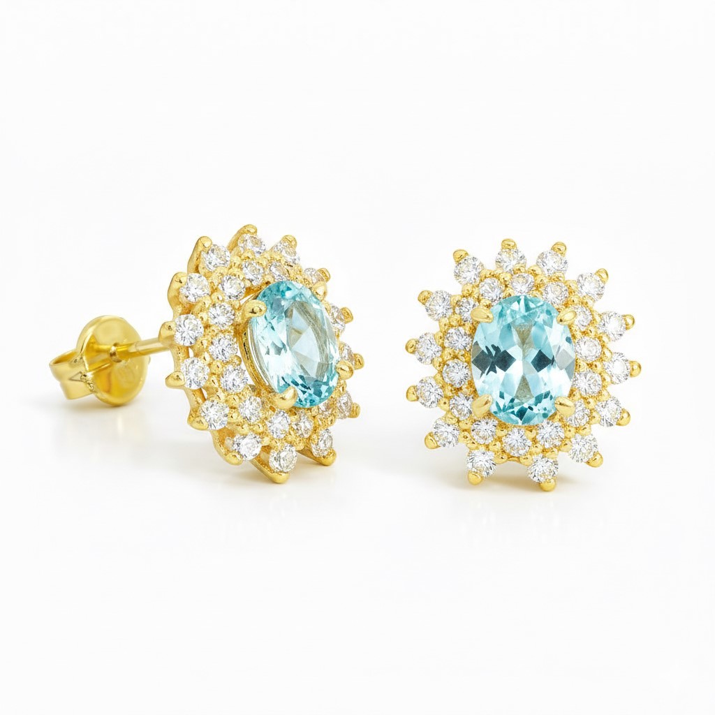 PENDIENTES CUAJO CIRCONITA COLOR AGUAMARINA DE 5x4MM.9 KILATES