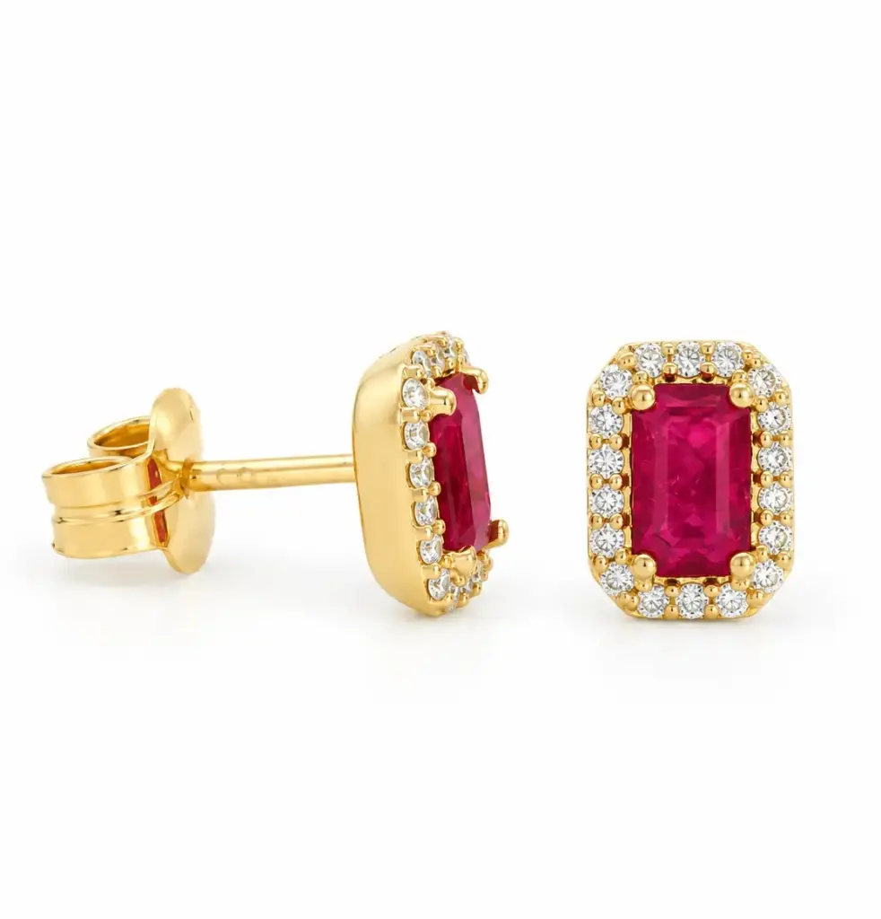 0.80 CT TW RUBI AND 0.14 CT TW DIAMOND STUD EARRINGS